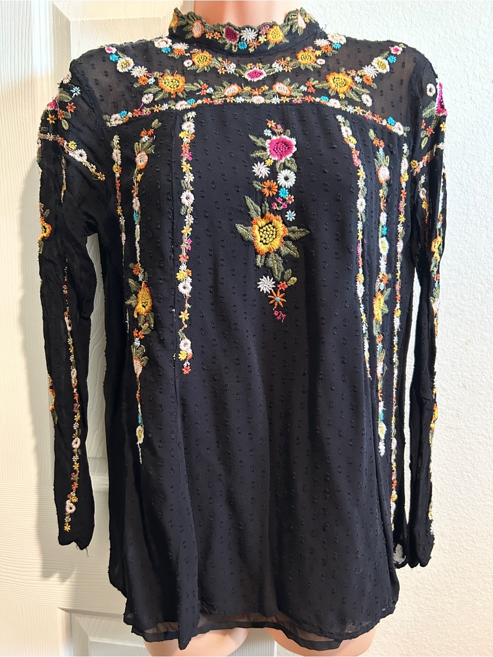 Zara Black Blouse with Multicolor Floral Embroidery